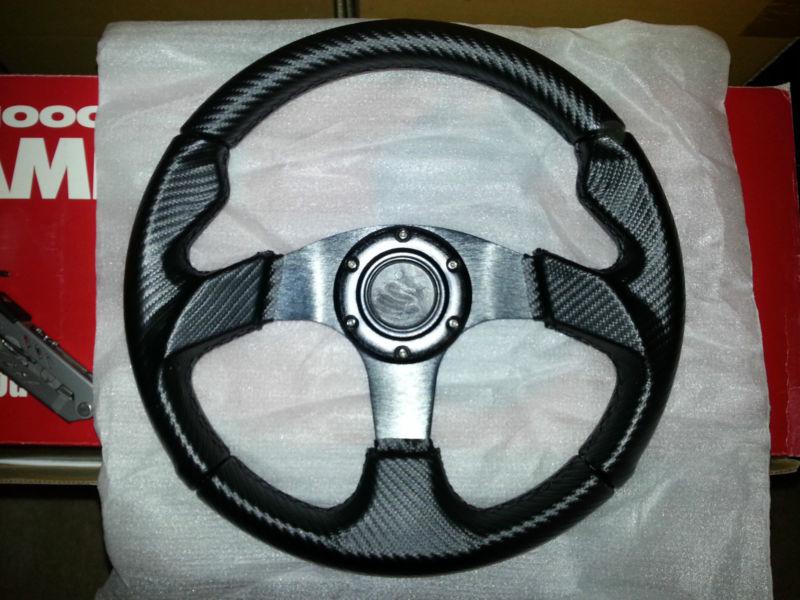 Jdm 320mm steering wheel~universal fit mazda/nissan/honda~pvc leather~carbon