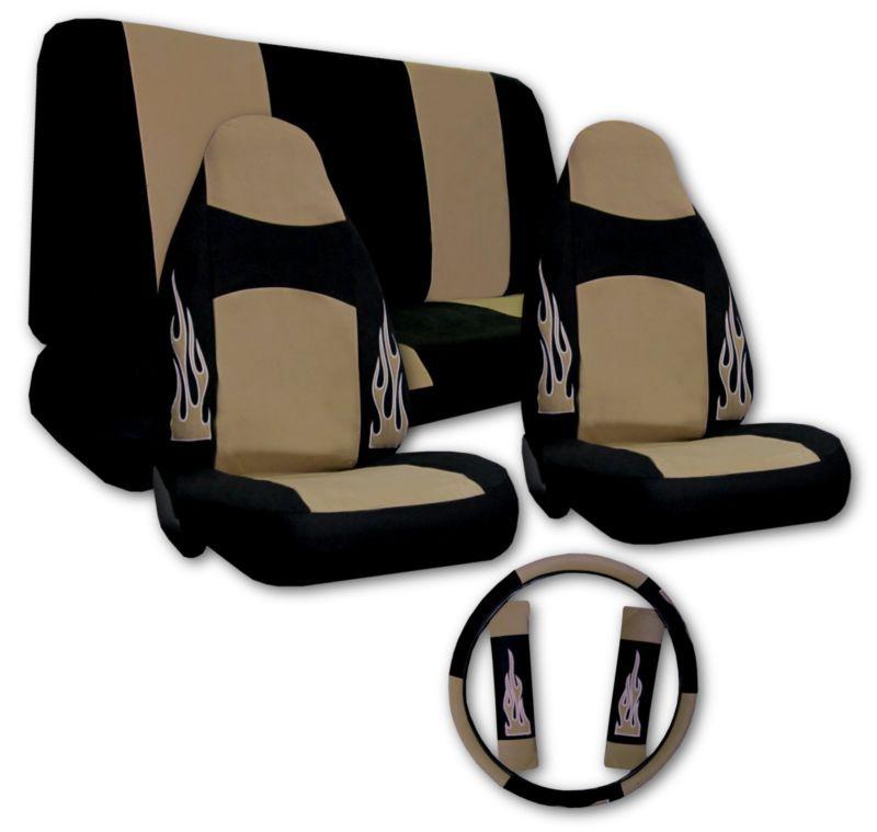 Flame tan black high back bucket velour cloth car truck suv seat covers set #x