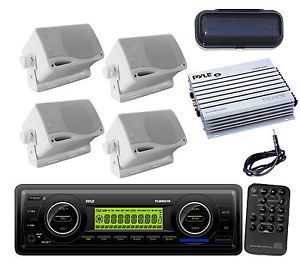 New boat car wb usb sd am/fm radio+ antenna, 4 blk mini speakers,400w amp,cover