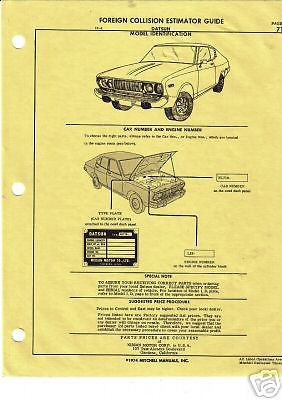 Datsun 610 body parts list crash sheets mfre