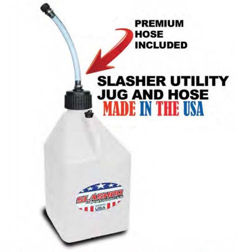 Slasher products 5 gallon white square utility fuel water jug can with hose