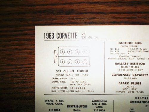 1963 chevrolet corvette eight series models 327 ci v8 4bbl carb tune up chart