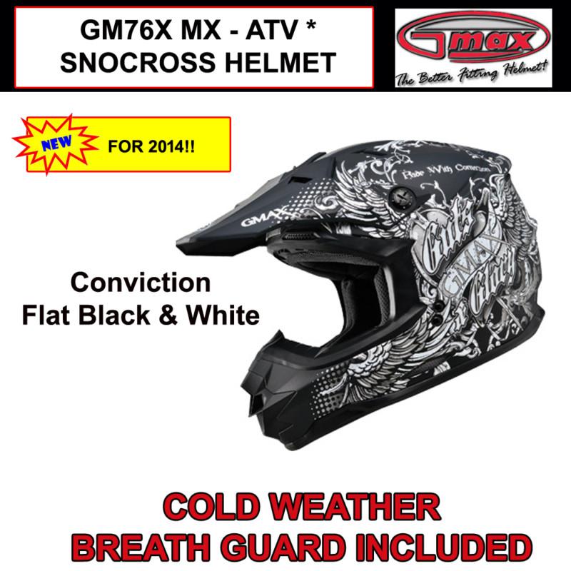 Gmax gm76x 2014 mx atv snocross helmet conviction fl blk/sv (s,m,l,xl,2x,3x) nib