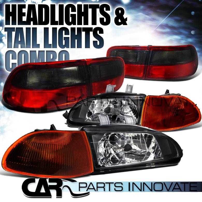 92-95 civic 4dr sedan black headlights+smoke amber corner lamps+red tail lights