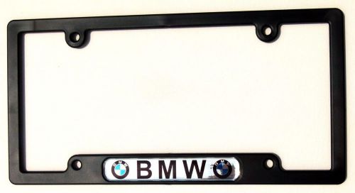 Bmw black plastic car license plate frame with domed colour flag lens