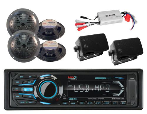 6 black marine speakers,amplifier,boss bluetooth usb aux sd ipod marine receiver