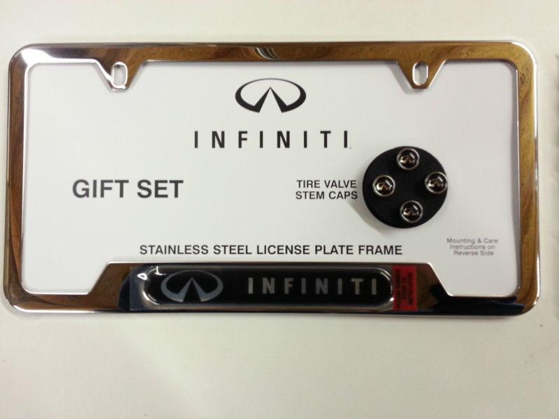 Genuine infiniti factory license plate frame & tire valve stem caps gift set new