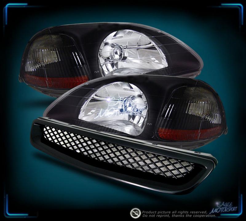 1996-1998 civic 2/3/4dr ek jdm blk crystal headlights/type-r sport mesh grill