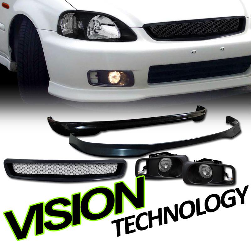 99-00 civic 3d/3dr/hatchback t-r style pu front+rear bumper lip+grill+fog lights