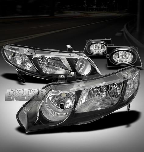 2006 2007 2008 honda civic 4dr crystal jdm black head lights+fog lamp kit bumper