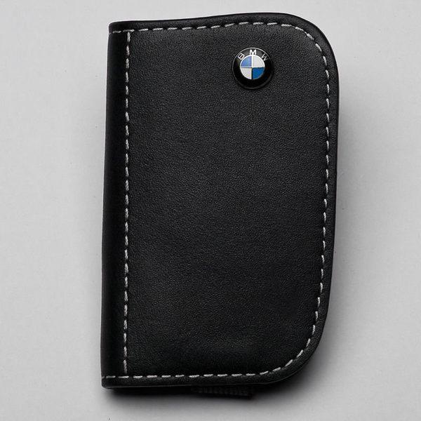 Bmw genuine leather key case fob holder in black w logo white stitch with box