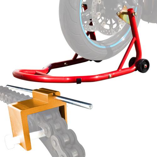 Front swingarm paddock motorcycle stand wheel lift forklift chain alignment tool