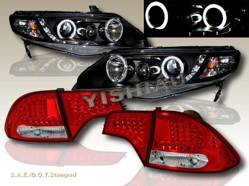 2006-2011 honda civic halo projector headlights 4dr g2 ccfl+ led tail lights red