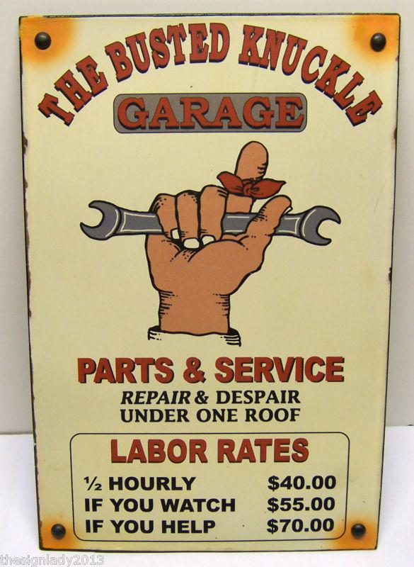 Shop "hourly rate" metal sign busted knuckle vintage look garage art shop repair