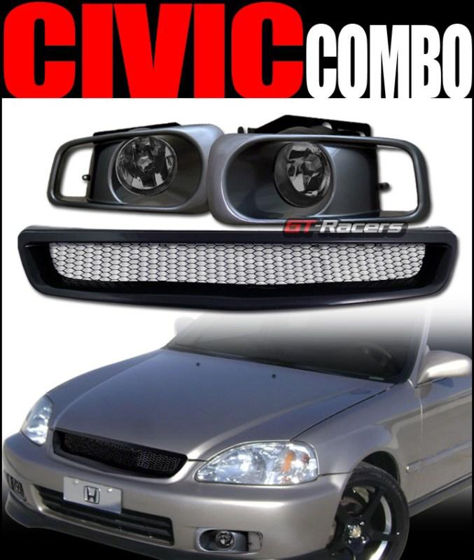 Blk t-r aluminum mesh front grill grille+bumper fog light smoke 1999-2000 civic