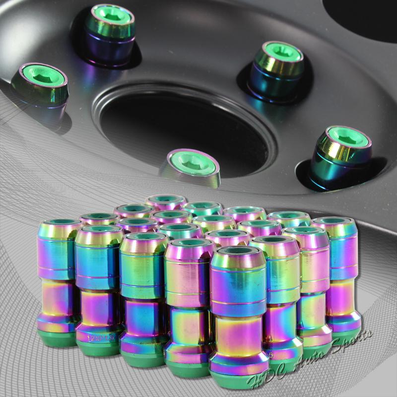 20pc m12 x 1.5mm thread pitch wheel rim tuner 1.9" long lug nut green/neo chrome