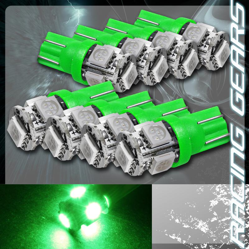 8x green smd 5 led 12v t10 wedge light bulb interior license plate / side marker