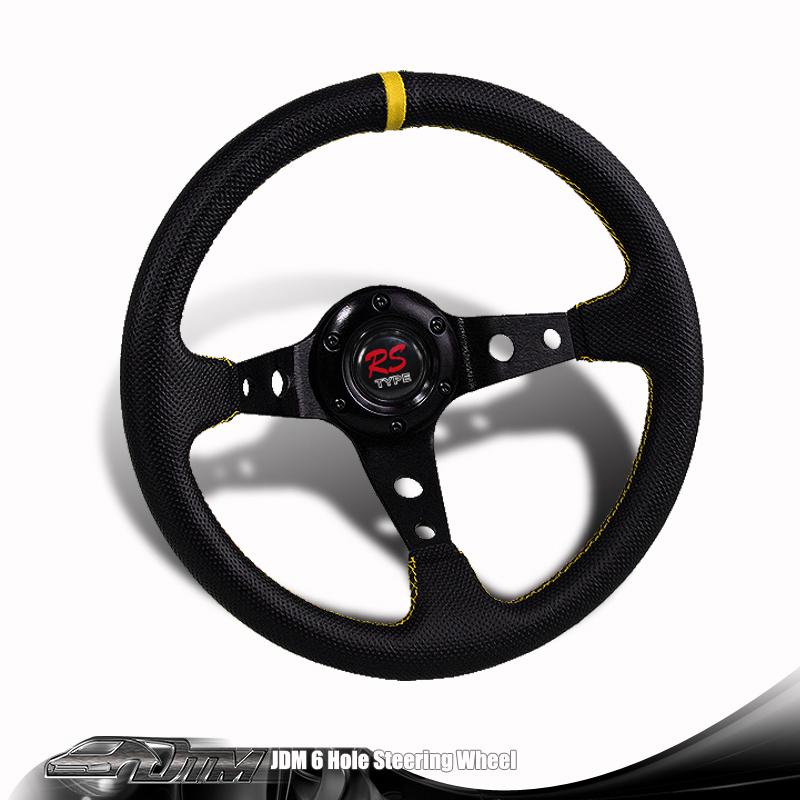 Universal jdm 320mm 6-hole black pvc leather yellow ring racing steering wheel