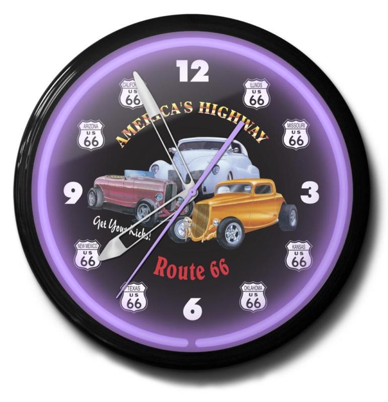 Route 66 america's highway retro 20" neon wall clock  hot rod garage new