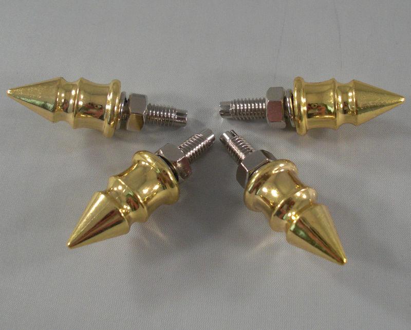 4 gold "spike" motorcycle license plate frame bolts - lic tag fastener screws