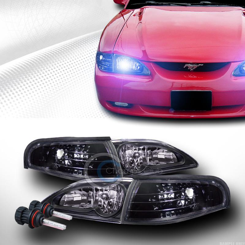 10000k hid bi-xenon+euro black headlights+corner lamps k2 1994-1998 ford mustang