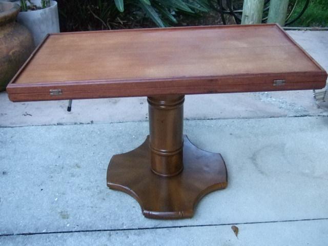 Teak coffee / dining table w/telescoping pedestal base for salon ,cabin, galley 