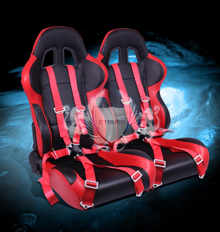 2x universal black/red turino type-r racing seats+6-pt camlock harness seat belt