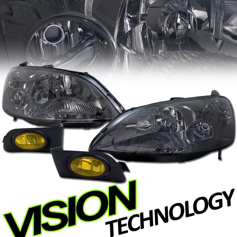 Jdm smoke lens head lights assembly+yellow fog lamps kit 01 02 03 civic 2/4-door