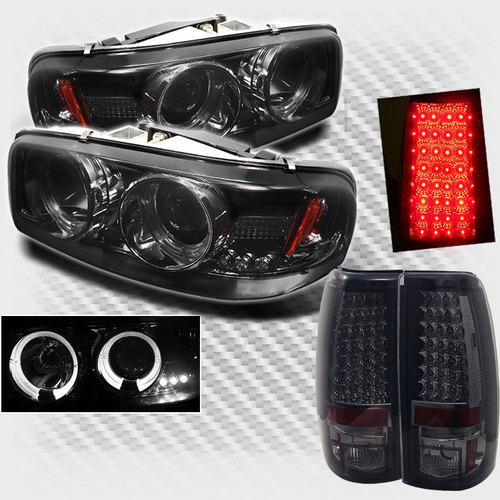 Smoked 99-03 gmc sierra halo led projector headlights lights+led tail lights set