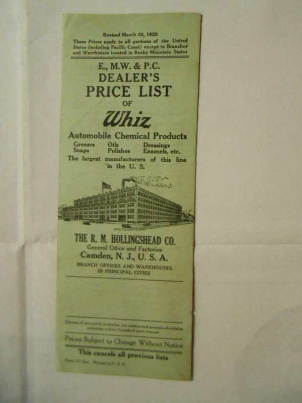 1928  whiz dealers price list oldsmobile nash ford chevrolet buick cadillac reo