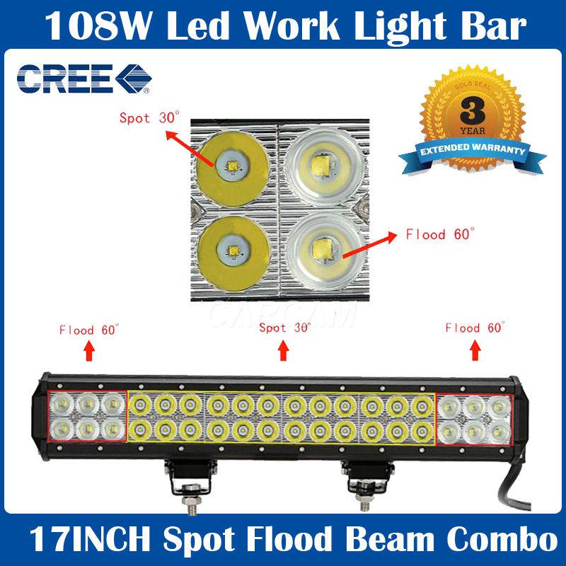 17inch 108w cree led work light bar spot flood combo offroad 4x4 seckil 60w/72w