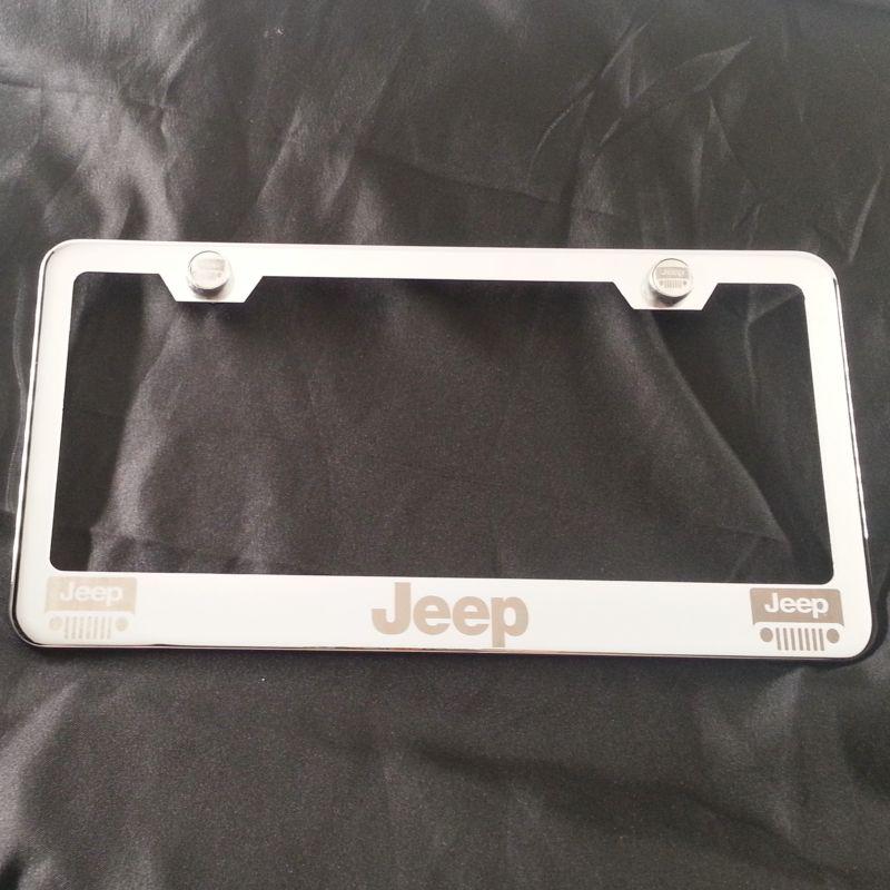 Jeep chrome stainless steel license plate frame + screws + caps laser engrave