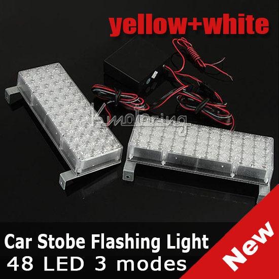 2x amber & white 48led car 3 flashing modes strobe flash emergency light lamp