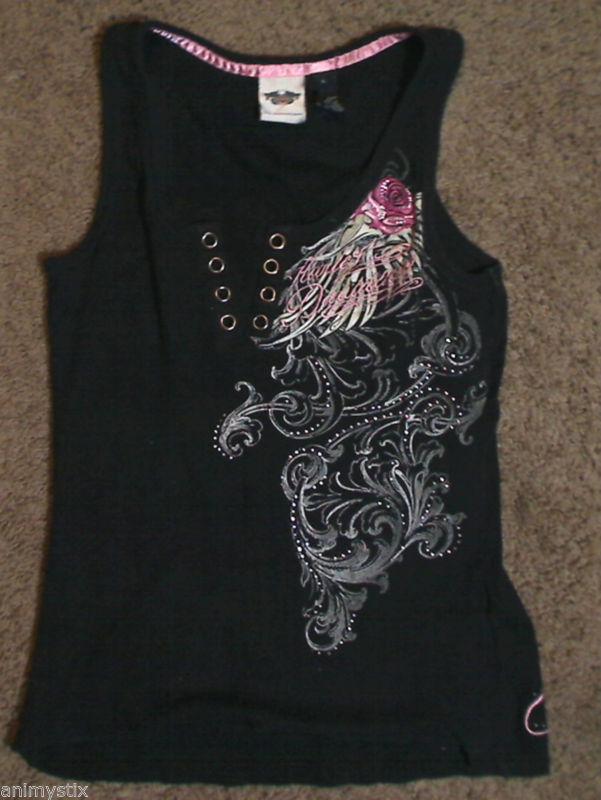 Harley davidson official women's x-large xl black & pink embroidered top low cut