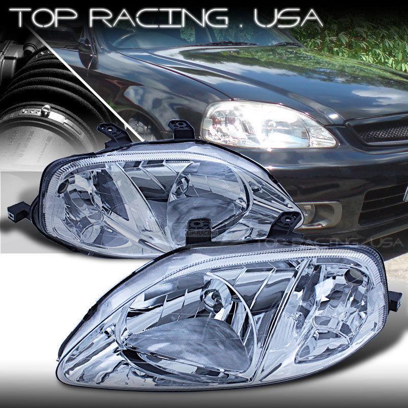 99-00 honda civic jdm crystal style headlights lamps chrome / clear reflector