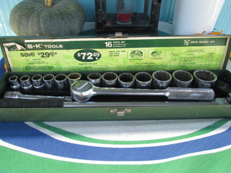 Vintage sk tools 1/2 inch drive socket set # 4116 with ratchet breakover exten 
