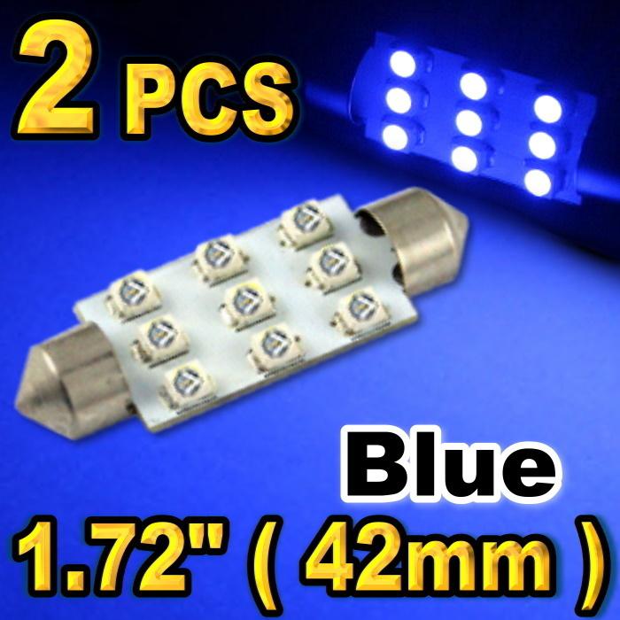 2x bright blue led dome map lights 9-smd 1.72" 42mm