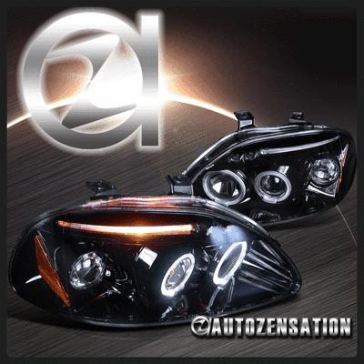 96-98 honda civic glossy black led drl halo projector headlights