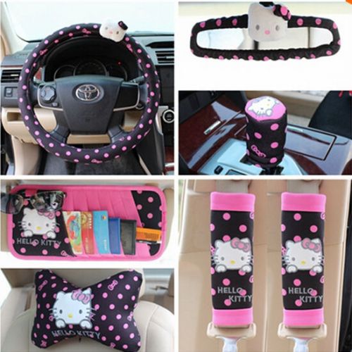 9pcs black cute hello kitty steering/mirror/seat belt/visor cover car interiors