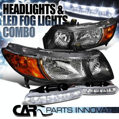 2006-2011 honda civic 2dr coupe black crystal headlights lamp+led fog bumper drl