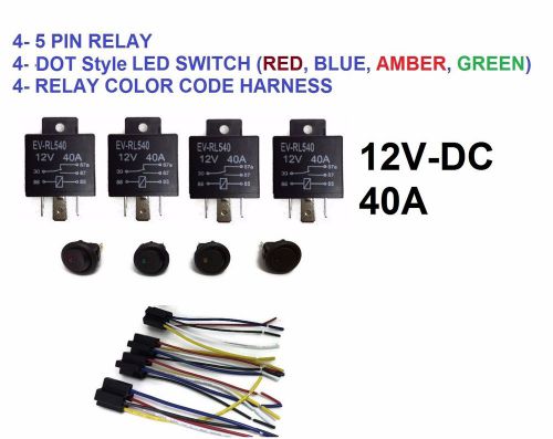 4 pack relay + harness 30 / 40 amp 5 pin spdt 12v  bosch style + 4 led switches