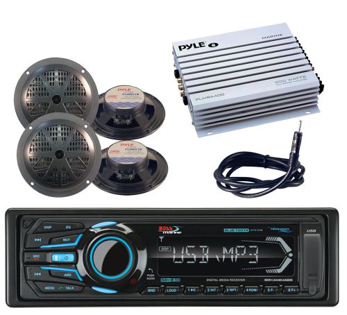 4 black 5.25&#034; speakers,amplifier,antenna&amp; marine ipod bluetooth usb radio radio