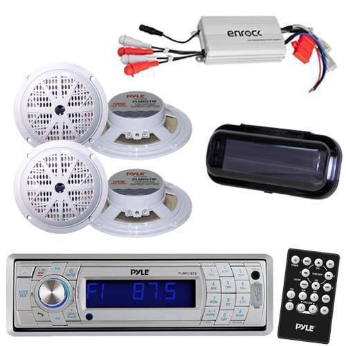 Marine am/fm silver radio stereo system &amp; bluetooth &amp; cover +800w amp 4 speakers