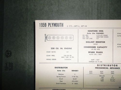 1959 plymouth six series mp1-l &amp; mp1-m models 230 ci l6 tune up chart