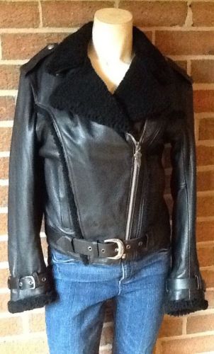 Harley-davidson womens  faux shearling trim black leather riding jacket xsw