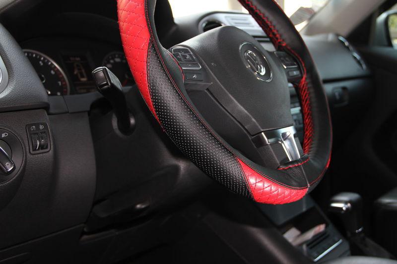 Fit kia black+red thread pvc leather steering wheel wrap cover needle thread diy