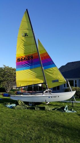 Hobie cat 16 sailboat, white with black tramp and trailer.