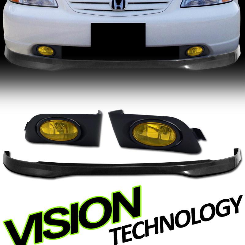 2001-2003 civic 2dr/4dr jdm t-r style abs front bumper lip spoiler+fog lights