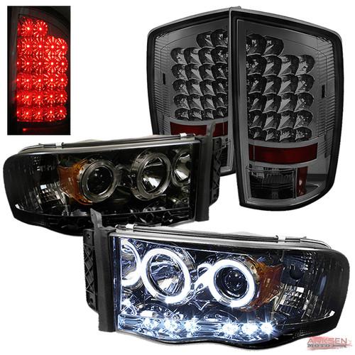 02-05 dodge ram led projector headlights+smoked led tail light set combo pair