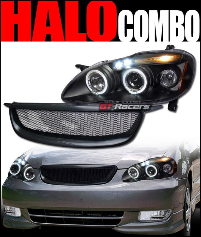 Blk halo led projector head light signal+aluminum grill grille 2003-2004 corolla